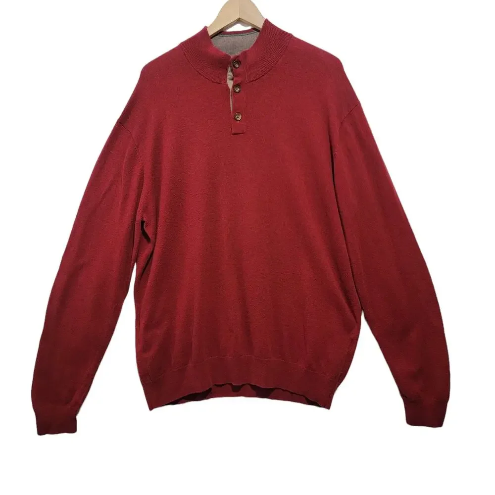 Cortefiel Mens Sweater Red Heather Cotton Cashmere Quarter Button Size XXL